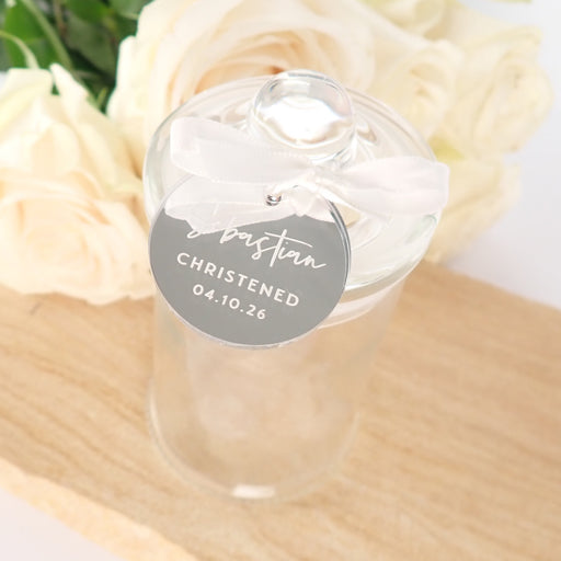 French tipped Glass Round Lolly Jars with Personalised Engraved Gold, Silver & Rose Gold Acrylic Gift Tag- for Naming Days, Baptism, Christenings and Baby Showers