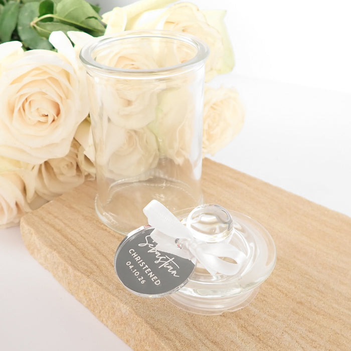 French tipped Glass Round Lolly Jars with Personalised Engraved Gold, Silver & Rose Gold Acrylic Gift Tag- for Naming Days, Baptism, Christenings and Baby Showers