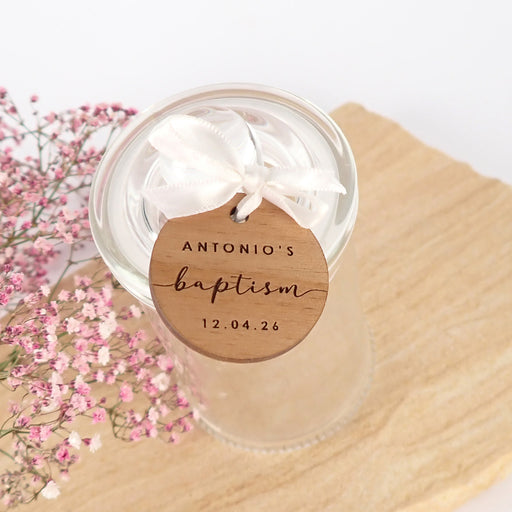 Customised Engraved Round shaped Gift Tags on Lolly Round Jars for Christening, Baptisms, Naming Days and Baby Showers