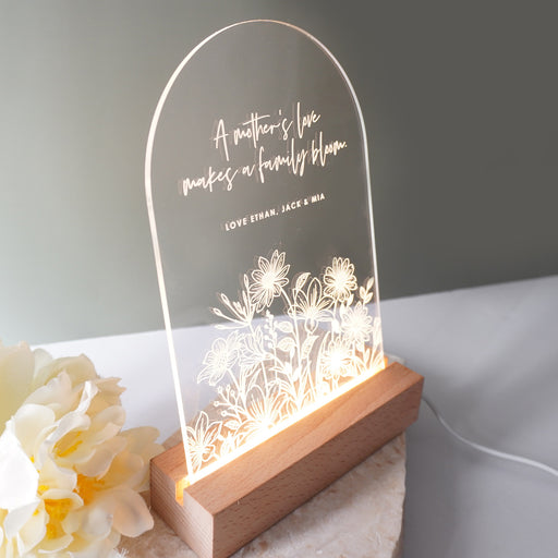 Engraved LED night light gift for Mum or Grandma, featuring a shatterproof acrylic sign and USB-powered wooden base.