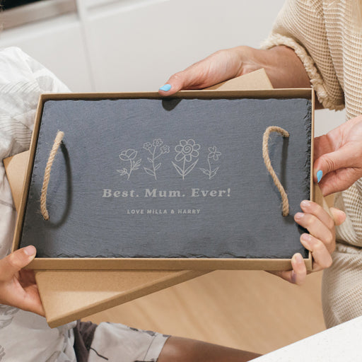 Personalised engraved slate cheese board with woven cord handles – perfect Mother’s Day gift for Mum or Grandma