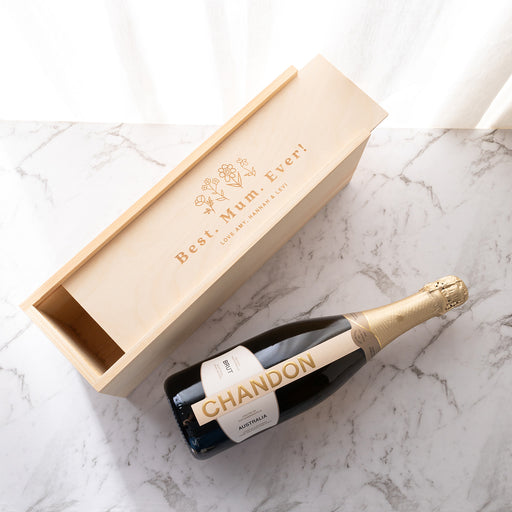 Custom engraved pine wine box holding 750ml bottle, perfect gift for a motherly figure with free design option