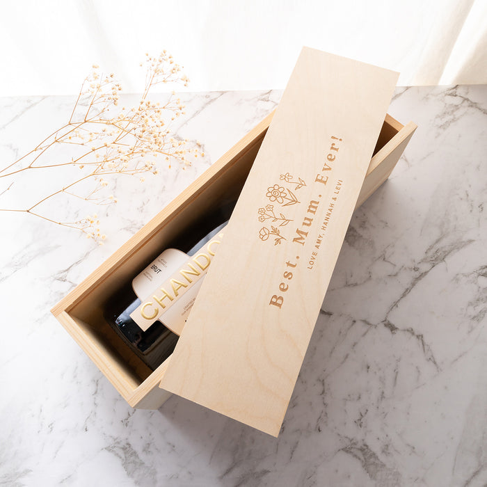 Personalised wooden wine box made from natural pine with sliding lid, engraved with custom design for Mum, Nan, or Aunty
