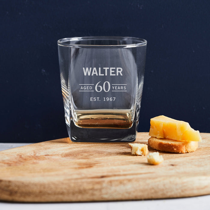 Personalised 60th birthday square whiskey glass with engraved name