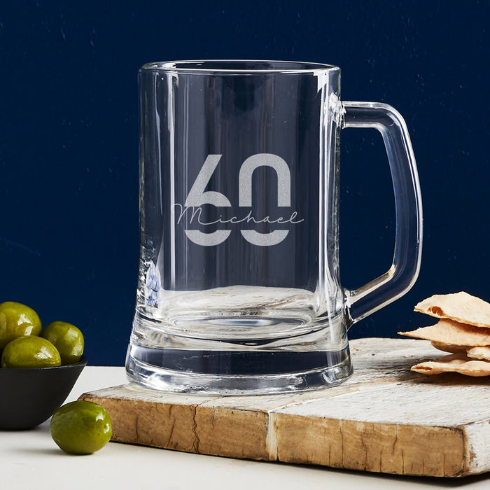 Personalised 60th birthday beer mug with engraved name and date