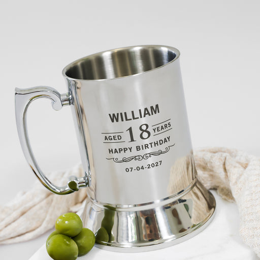 Silver stainless steel beer mug with black engraved birthday design in gift box