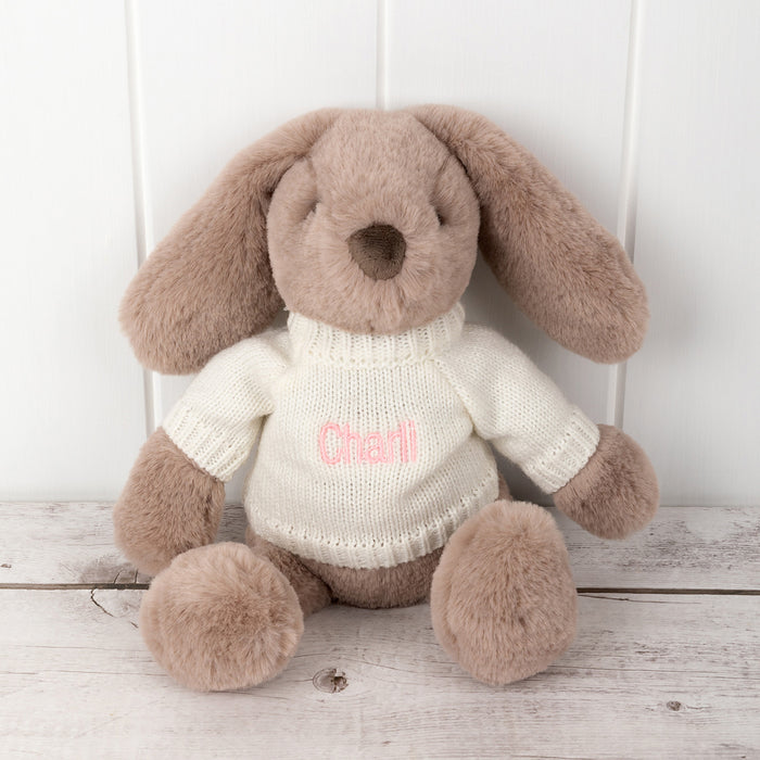 Personalised plush bunny with embroidered knitted jumper featuring child's name, perfect keepsake gift for newborns or birthdays