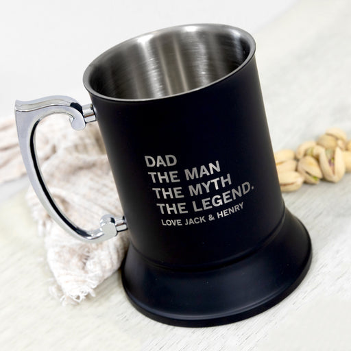 Personalised matte black beer mug with engraved message for Dad in gift box
