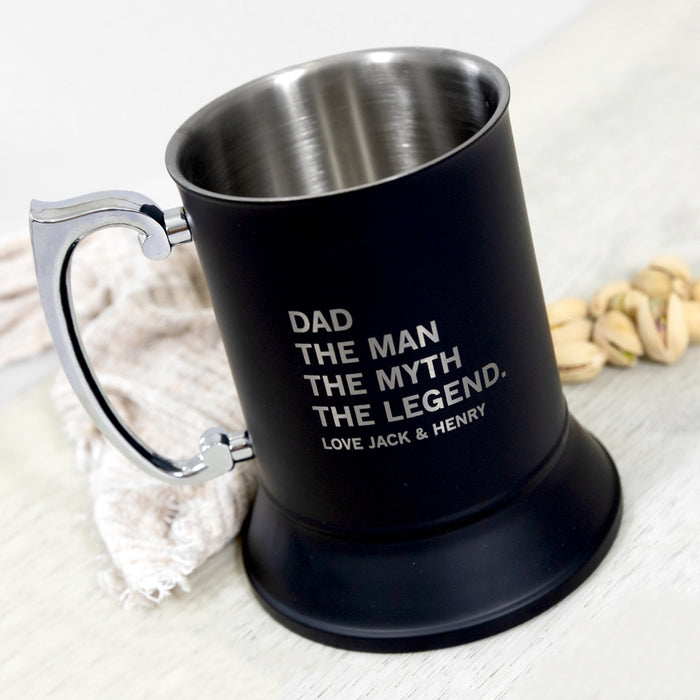 Personalised matte black beer mug with engraved message for Dad in gift box