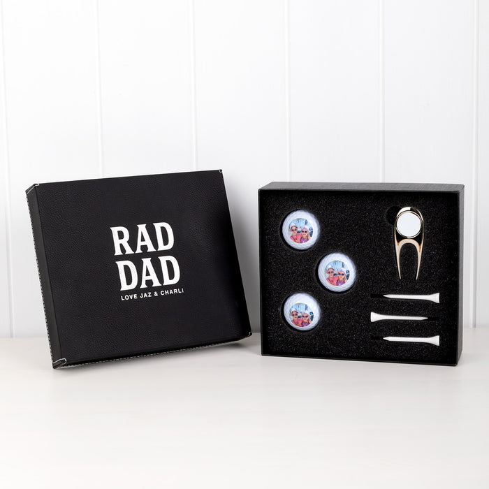 Personalised golf gift set with photo-printed balls, custom engraved black leatherette box
