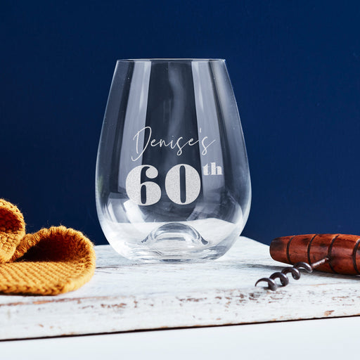 Personalised 60th birthday stemless wine glass with custom engraving