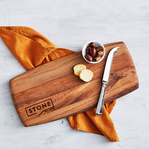 Personalised walnut tapas serving board with engraved company logo for corporate gifting