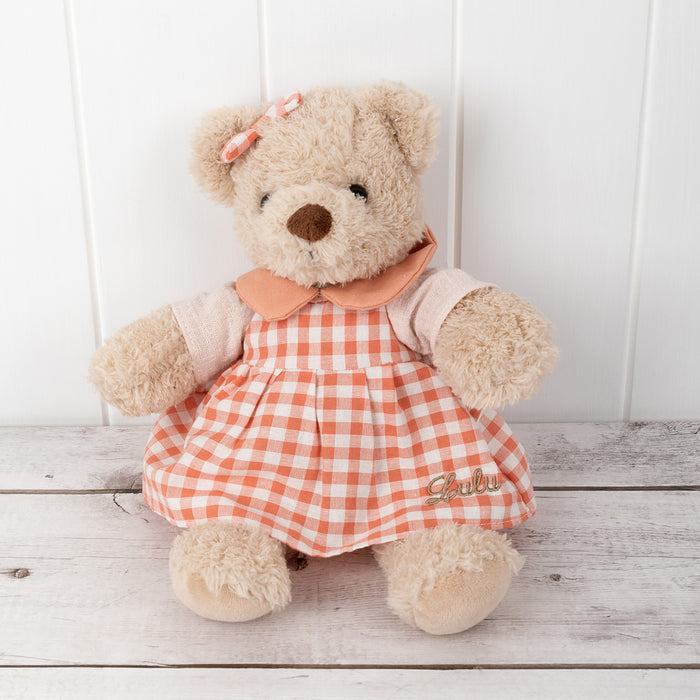 Personalised Ella Bear with embroidered dress featuring child’s name, made from soft cotton and perfect for newborns or toddlers