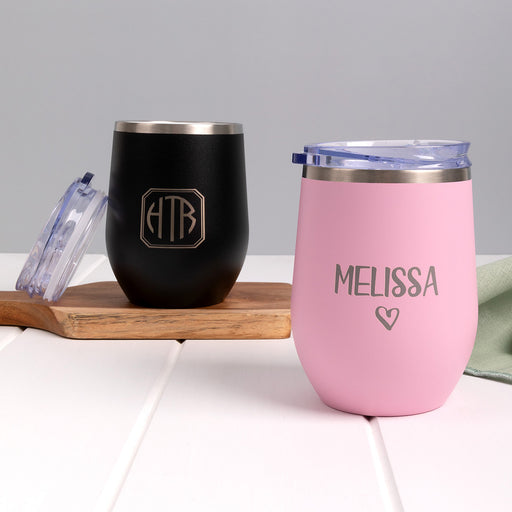 Personalised stainless steel keep cup with ceramic lining and sliding lid, ideal for hot or cold drinks.