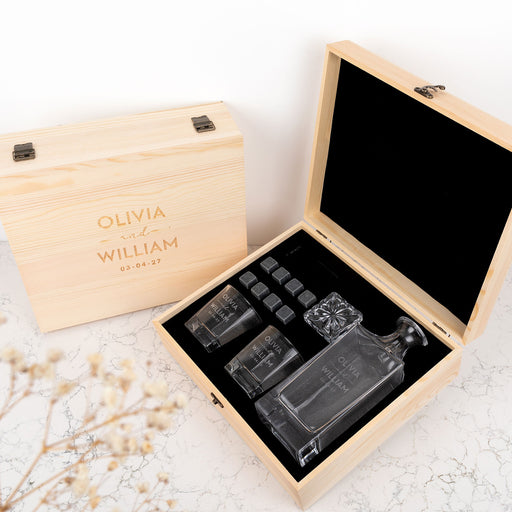Personalised wedding gift decanter set with engraved wooden box, scotch glasses, and whiskey stones for newlyweds