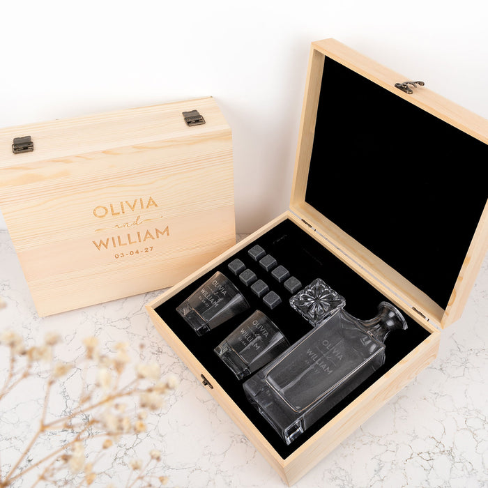 Personalised wedding gift decanter set with engraved wooden box, scotch glasses, and whiskey stones for newlyweds
