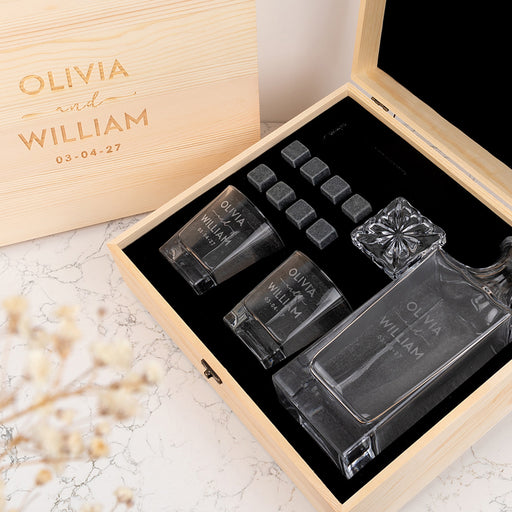 Professionally laser engraved decanter and glass set, a unique wedding gift for couples who love whiskey or bourbon