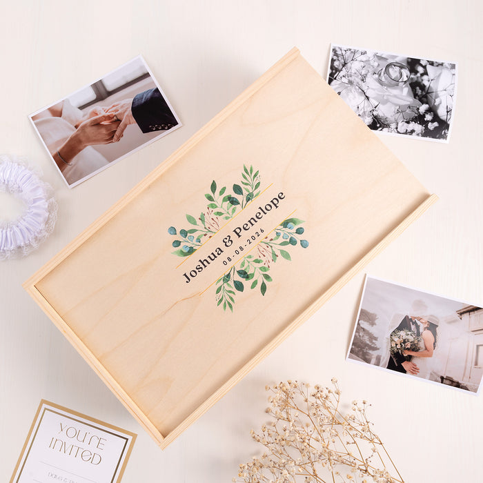 Personalised wedding keepsake box with engraved botanical design