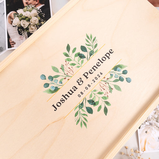 Natural pine memory box for bride and groom with custom names