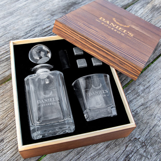 Customised Engraved Name Decanter, scotch glass and whiskey stones.
