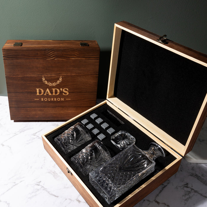 Personalised Father’s Day whiskey gift set with engraved scotch glasses, decanter, and rustic wooden box