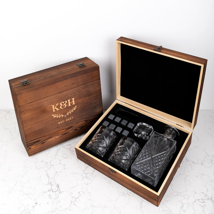 Personalised whiskey gift set with engraved glasses and decanter in wooden box, perfect for weddings, engagements or anniversaries
