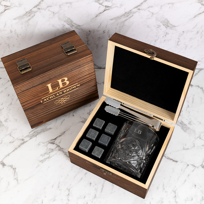 Personalised Engraved Rustic Wooden Gift Boxed Scotch Glass and Whiskey Stone Set