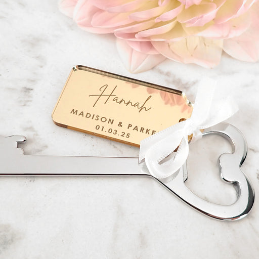 Engraved mirror acrylic gift tag with silver heart bottle opener