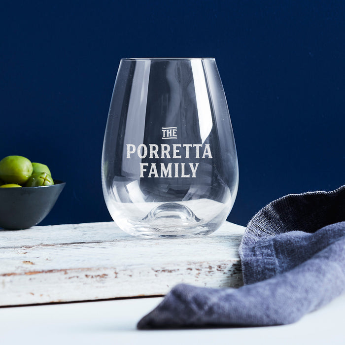 Personalised stemless wine glass engraved with family name – unique Christmas gift idea