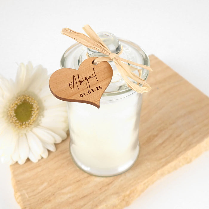 Jasmine scented palm wax wedding candle with personalised wooden gift tag
