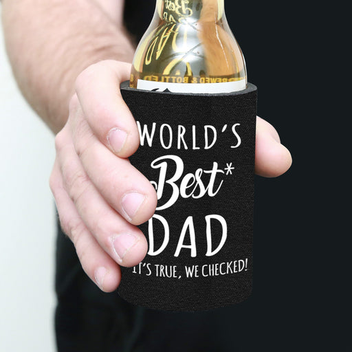 Close-up of World’s Best Dad stubby holder keeping a drink cool