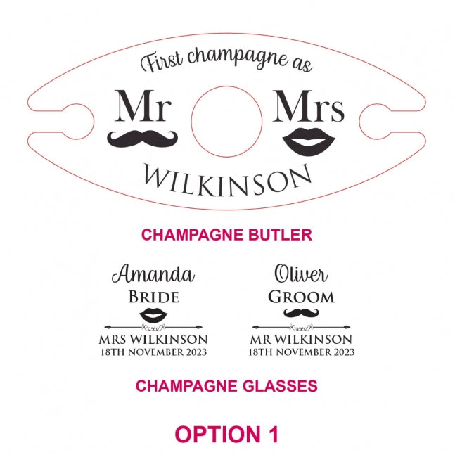 Engraved Wooden Champagne Butler Set With Complimentary Bride and Groom Glasses