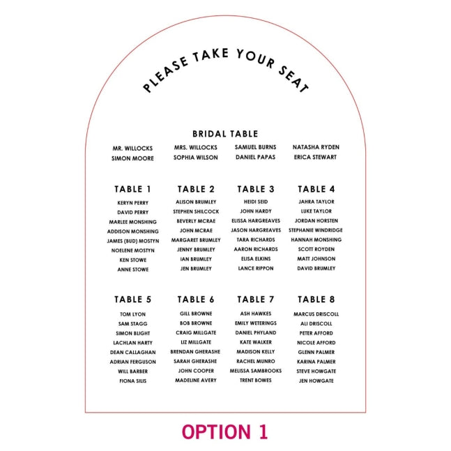 Printed A1 Size White Acrylic Arch Wedding Seating Chart