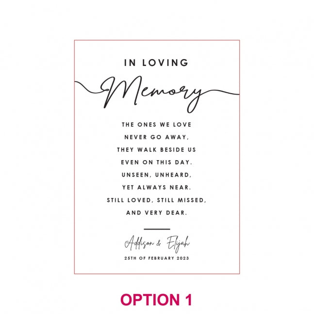 In Loving Memory A3 Printed Acrylic Wedding Sign