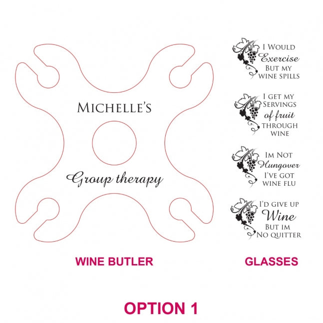 Engraved Wooden Group Therapy Butler Set With Complimentary Wine Glasses