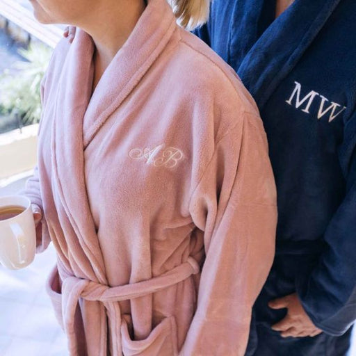 Monogrammed bathrobe with custom thread colour and font, perfect gift for birthdays or Mother’s Day