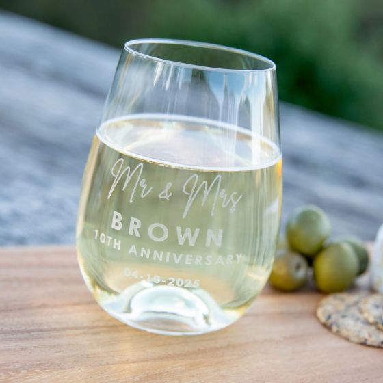 Personalised Engraved Anniversary Stemless wine Glass Present