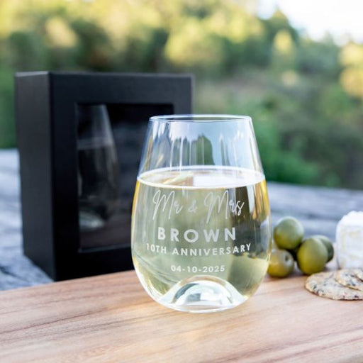 Custom Designed Engraved Anniversary Stemless wine Glass Present