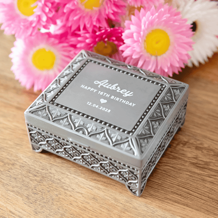 Custom Designed Engraved Matte Silver Jewellery Box 16th Birthday Gift