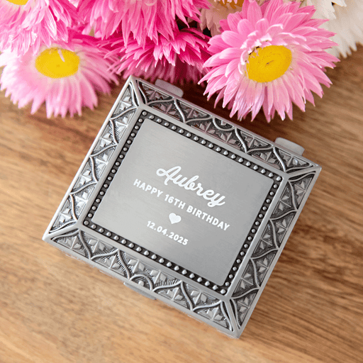 Customised Engraved Matte Silver Ring Necklace Jewellery Box 18th Birthday Present