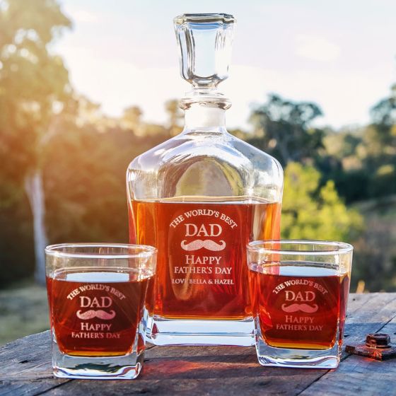Personalised whiskey decanter set with engraved glasses for Father’s Day