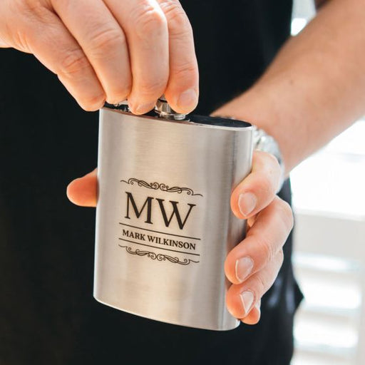 Customised Engraved Name and Monogrammed Silver hip Flask