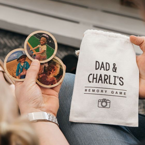 Personalised bamboo memory game with custom photo pieces for Father’s Day