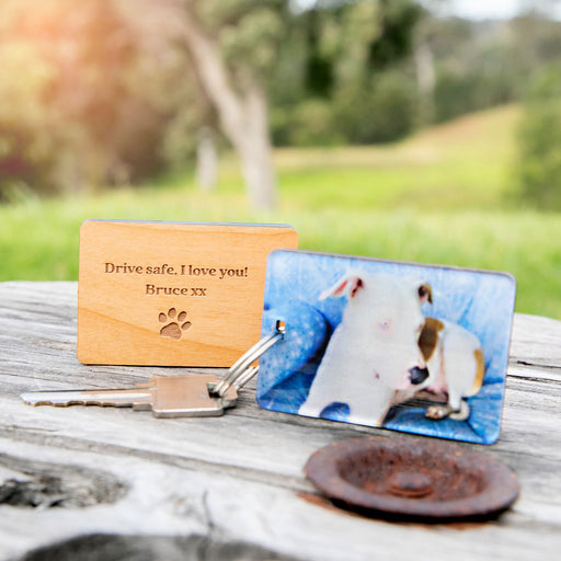 Personalised Engraved Photo Printed Pet Wooden Keyring Birthday PresentCustom Engraved Message and Photo Printed Dog Wooden Keyring Christmas Present