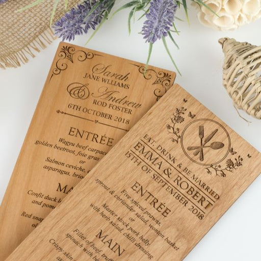 Custom Designed Laser  Engraved Wooden Wedding Reception Menus