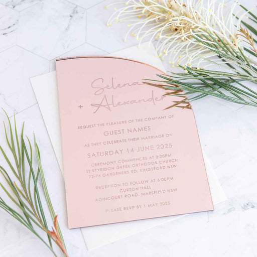 Personalised Engraved Semi Arch 5x7 Rose Gold Acrylic Wedding Invitation