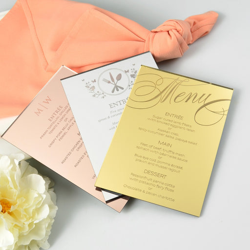 Personalised Engraved Rose Gold, Mirror Silver & Mirror Gold Acrylic Wedding Reception Menus