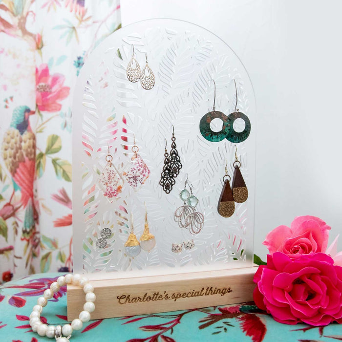 Acrylic Jewellery Holder with Engraved Wooden Base