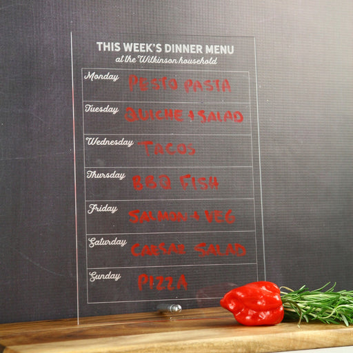 Customised Engraved Clear Acrylic Weekly Dinner menu organiser