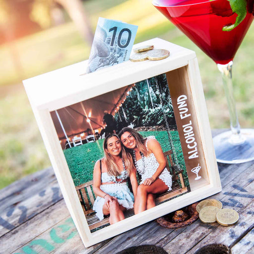 Custom Photo Printed Alcohol Fund Wooden Money Box Christmas Present